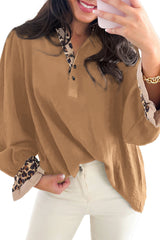 Camel Leopard Contrast V Neck Long Sleeve Blouse