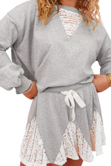 Light Grey Lace Patchwork Drop Shoulder Pullover Drawstring Skort Set