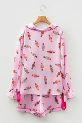 Pink Nutcracker Print Contrast Trim Bowknot Silk 2pcs Pajama Set