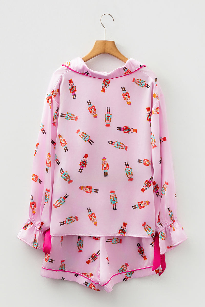 Pink Nutcracker Print Contrast Trim Bowknot Silk 2pcs Pajama Set