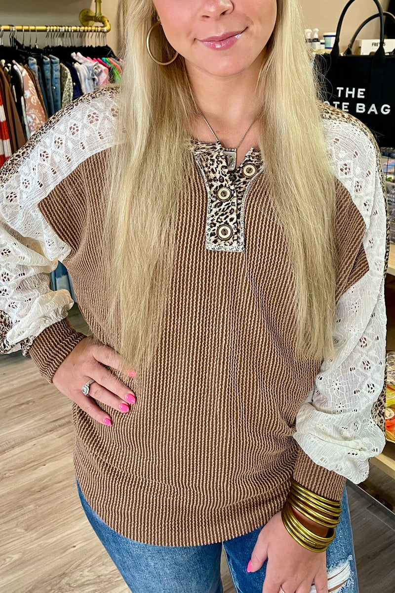 Dark Khaki Texture Patchwork Lace Sleeve Leopard Henley Top