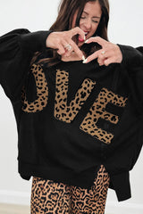Black Oversized Leopard LOVE Letter Graphic Round Neck Sweatshirt