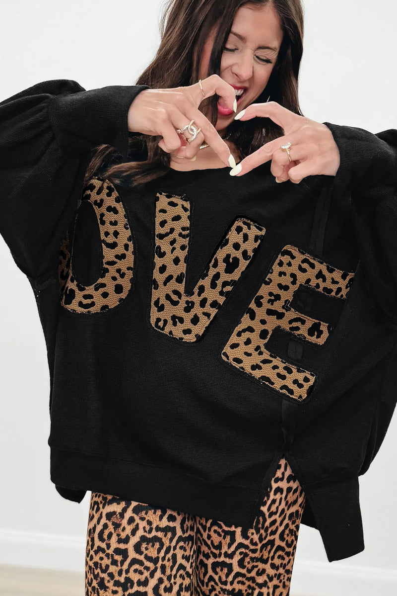 Black Oversized Leopard LOVE Letter Graphic Round Neck Sweatshirt