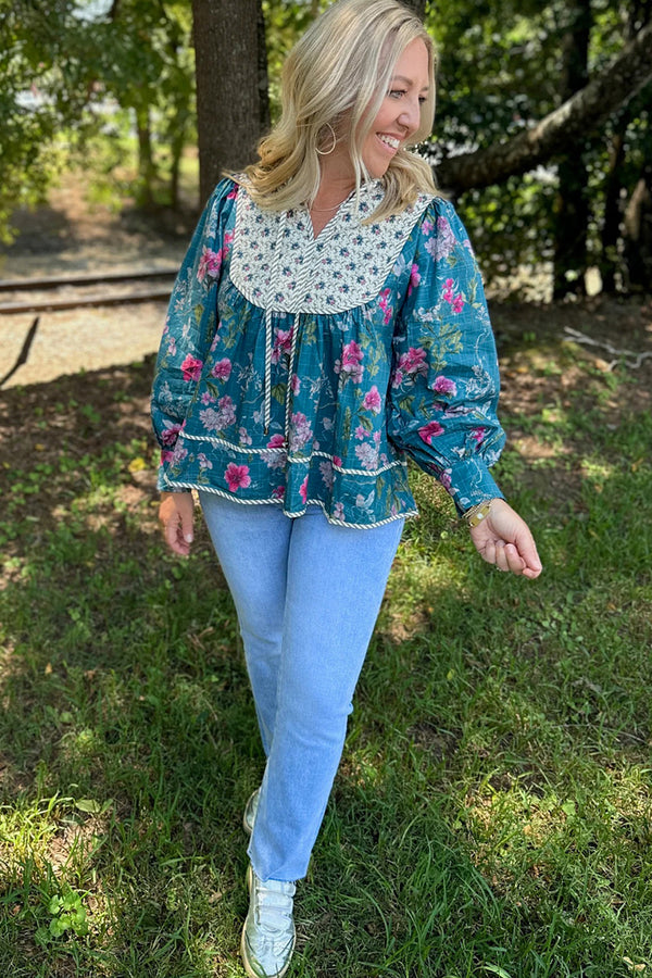 Sky Blue Floral Print Contrast Yoke Patchwork Striped Trim Long Puff Sleeve Blouse