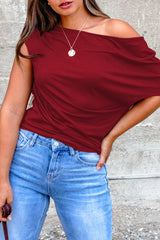 Blue Sapphire Plus Size Solid Color Asymmetric Neck Short Sleeve Blouse