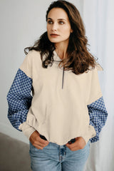 Parchment Checkered Patchwork Kangaroo Pocket Half Zipper Hoodie
