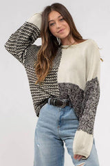Pink Patchwork Tie Back Drop Shoulder Knit Sweater