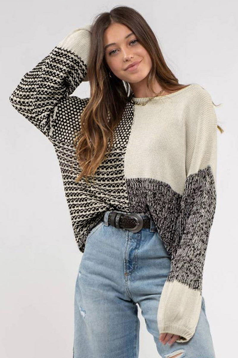 Pink Patchwork Tie Back Drop Shoulder Knit Sweater