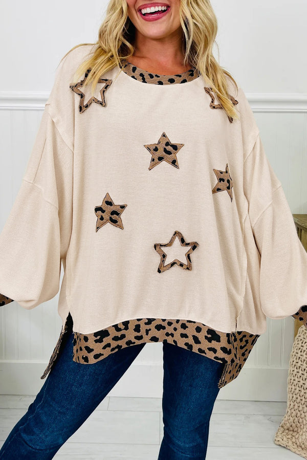 Beige Stars Pattern Leopard Patchwork Round Neck Sweatshirt