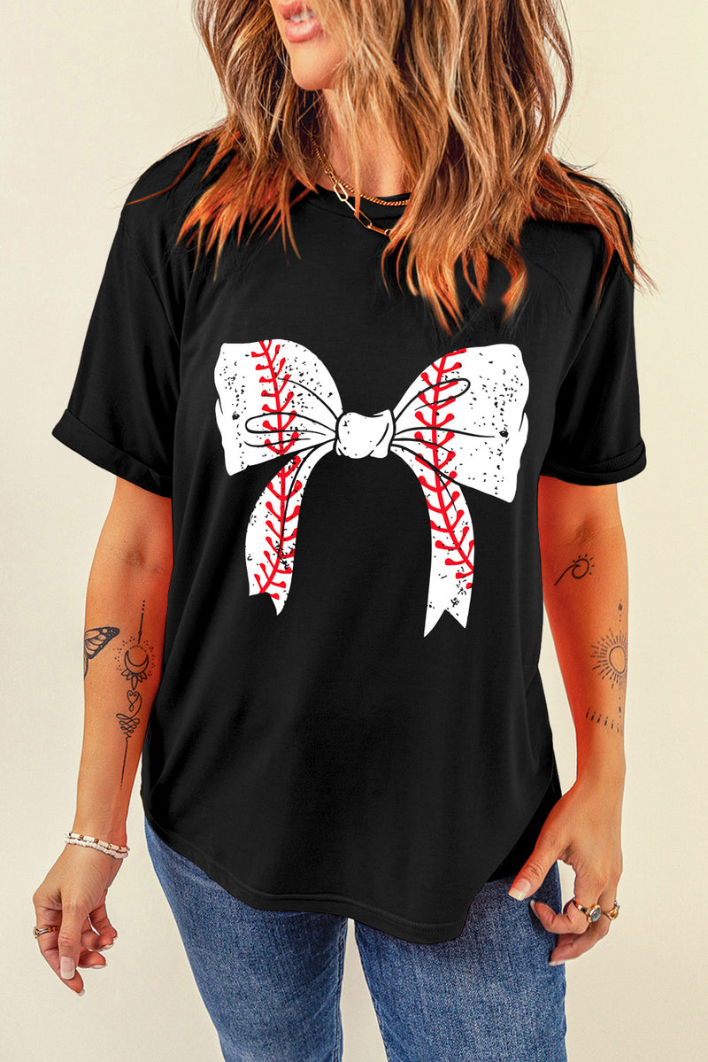 Rose Red Casual Baseball Bowknot Graphic Tee
