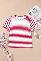 Green Stripe Scalloped Trim Round Neck T Shirt