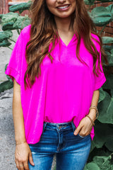 Bright Pink Plain V-Neck Dolman Sleeve Loose Top