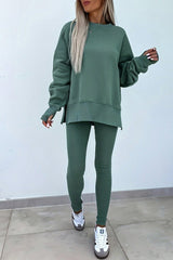 Orchid Mist Solid Color Oversized Slit Sweatshirt Ribbed Leggings Set