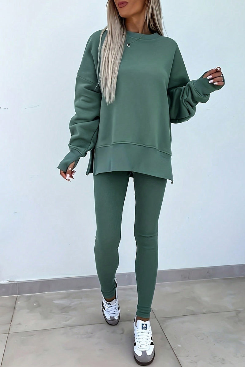 Orchid Mist Solid Color Oversized Slit Sweatshirt Ribbed Leggings Set