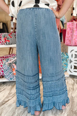 Dusk Blue Twisted Fate Flared Ruffle Hem Medium Wash Pant
