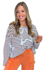 Gray Striped Star Patch Drop Shoulder Long Sleeve Top