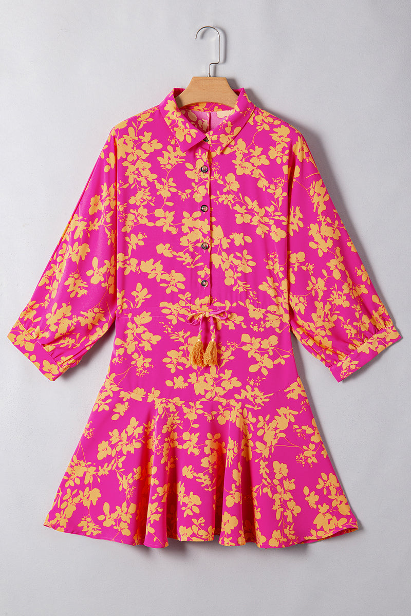 Green Floral Print Drawstring Flowy Short Dress