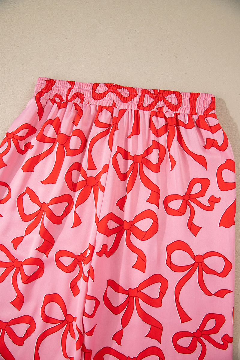Pink Allover Bow Print Button Up and Loose Pants Pajama Set