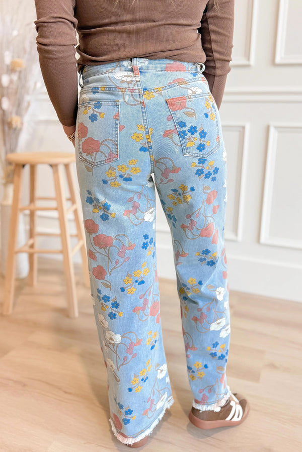 Sky Blue Floral Printed Raw Hem Shift Jeans