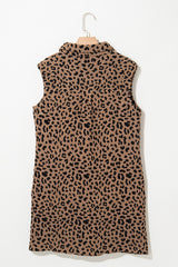 Khaki Leopard Print V Neck Sleeveless Collared Mini Dress