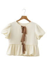 White Bow Front Babydoll Textured Blouse