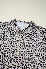 Brown Leopard Half Zipper Collared Ruffle Sleeve Top and Shorts Set