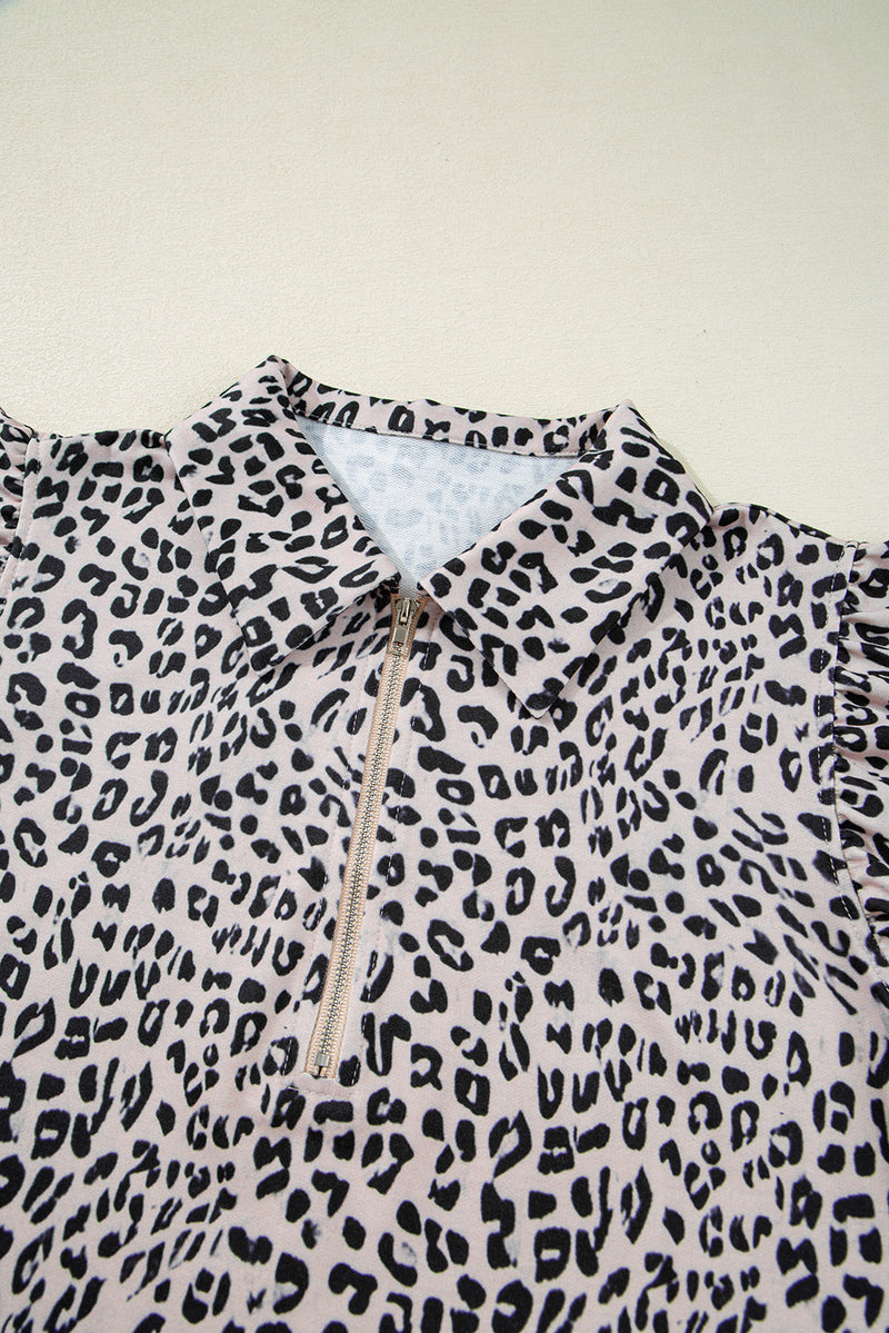 Brown Leopard Half Zipper Collared Ruffle Sleeve Top and Shorts Set