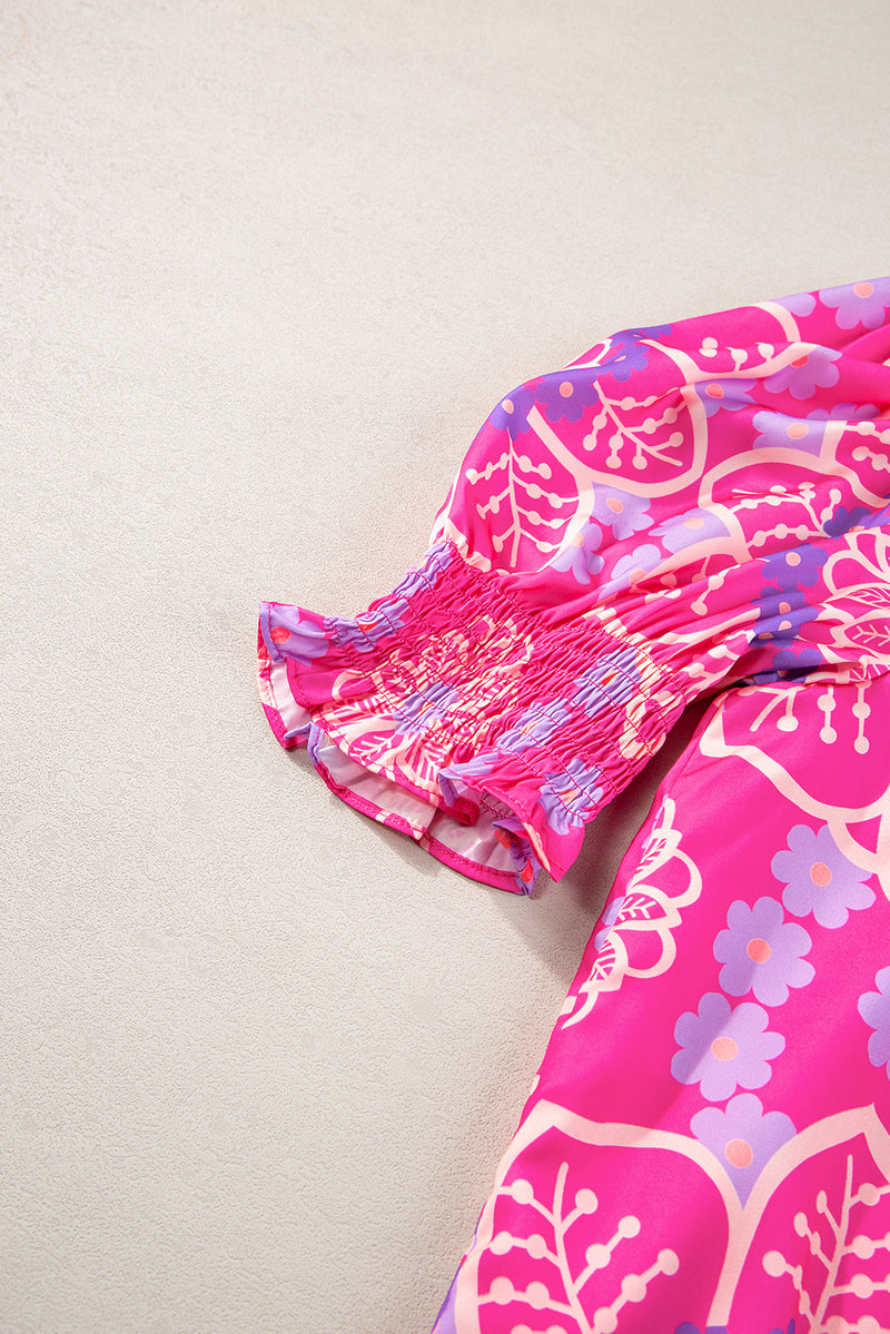 Rose Floral Print Frill Neck Smocked Cuffs Blouse