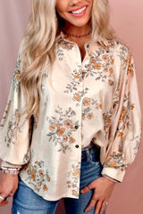 Apricot Floral Print Button-Up Bubble Sleeve Shirt