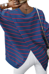 Blue Striped Overlap Detail Drop Shoulder Pullover Sweatshirt
