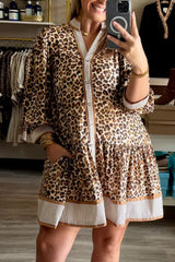 Brown Leopard Print Contrast Striped Long Sleeve Button Dress