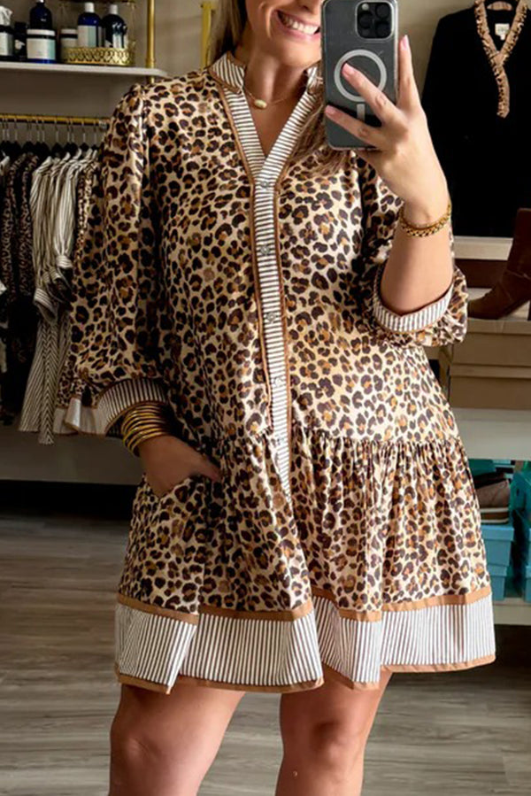 Brown Leopard Print Contrast Striped Long Sleeve Button Dress