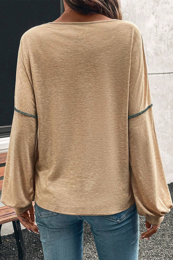 Green Exposed Stitching Colorblock V Neck Long Sleeve Top