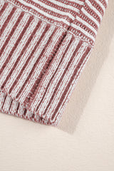 Light French Beige Striped Print Ribbed Knit Raglan Sleeve Baggy Sweater