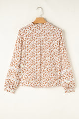 Khaki Printed Floral Print Lace Detail Puff Sleeve Fall Shirt