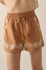 Khaki Embroidered Tassel Tie Elastic Waist Shorts
