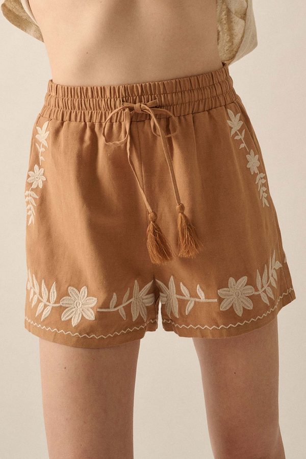 Khaki Embroidered Tassel Tie Elastic Waist Shorts