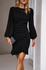 Black Solid Color Puff Sleeve Ruffle Mini Dress