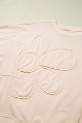 Beige Raw Edge Flower Patch Drop Shoulder Long Sleeve Top