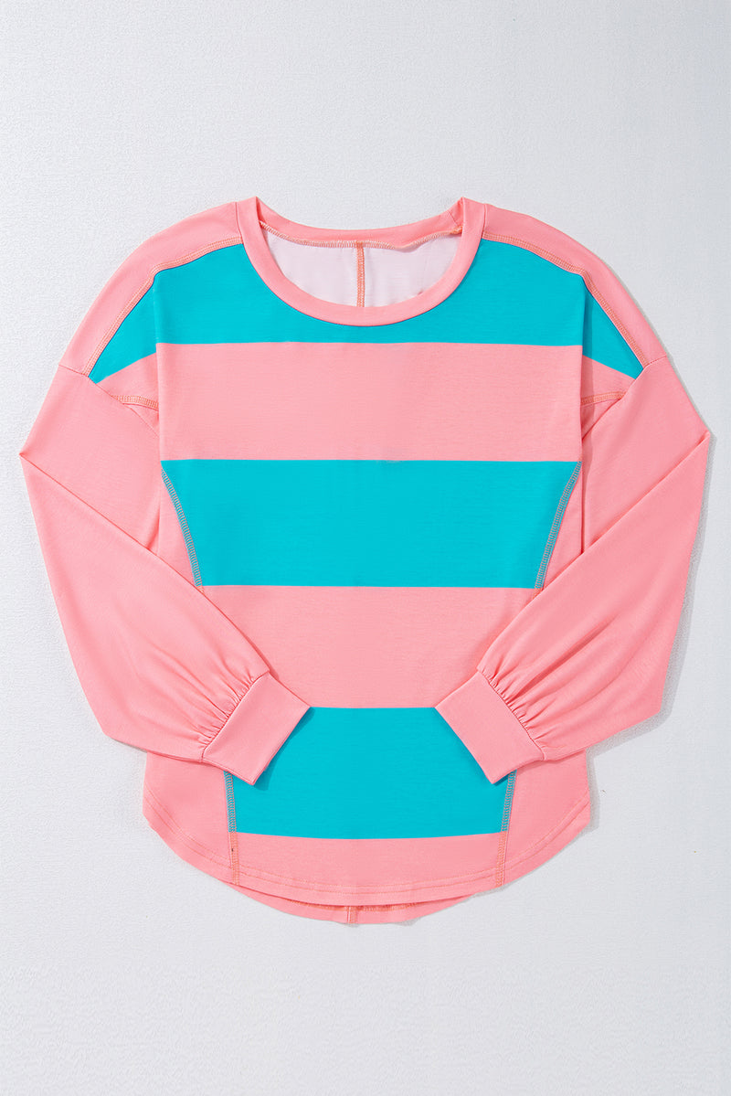 Blue Green Colorblock Drop Sleeve Round Neck Top