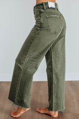 Green Slight Distressed Raw Edge Wide Leg Jeans