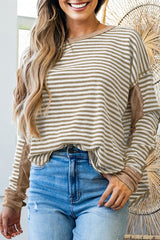 Khaki Stripe Patchwork Knit Drop Shoulder Top