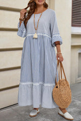 Sky Blue Crisscross Lace Detail Mixed Striped Patchwork Plus Size Dress