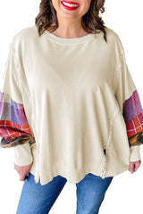 Beige Plus Size Plaid Patchwork Sleeve Pullover Top