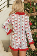 White Christmas Santa Claus Contrast Ruffle Trim Pajama Set