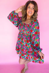White Plus Size Frill Square Neck Floral Shirred Mini Dress