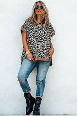 Khaki Leopard Contrast Trim Short Sleeve Loose Plus Size Top