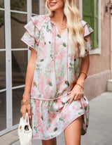 Pink Floral Contrast Edge Ruffle Sleeve Tie Neck Mini Dress