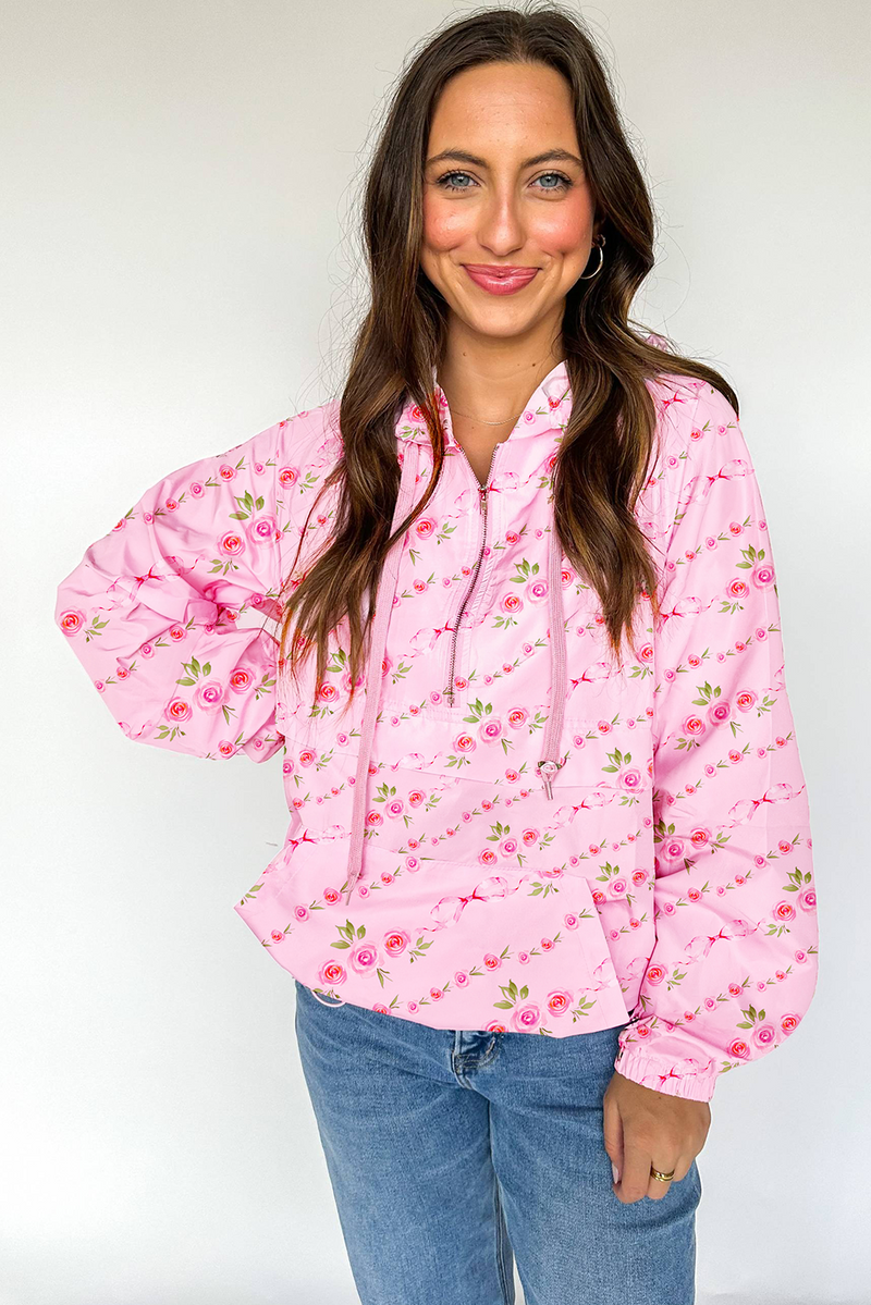 Pink Floral Print Half Zip Kangaroo Pouch Drawstring Hoodie
