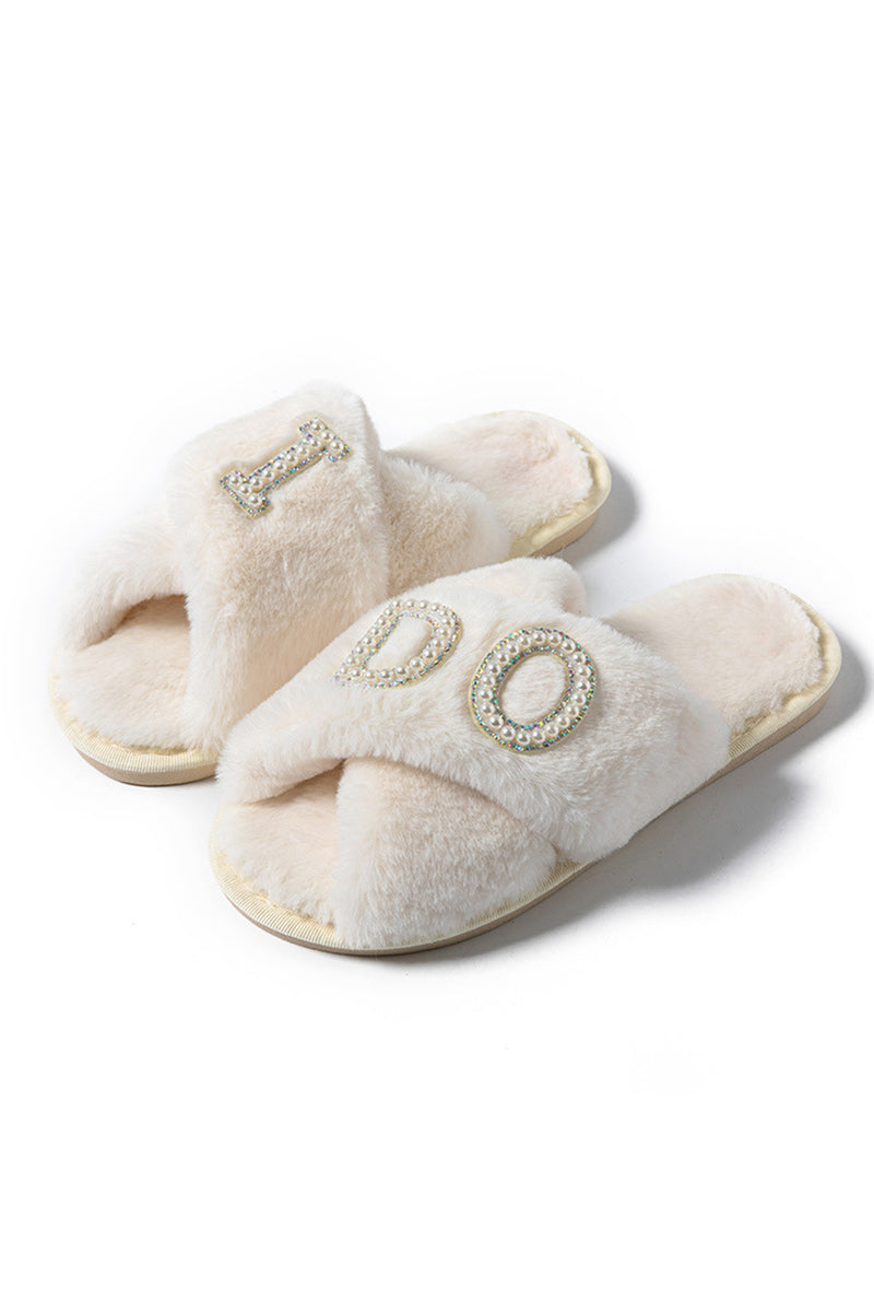 White I DO Pearl Cross Band Fuzzy Slippers